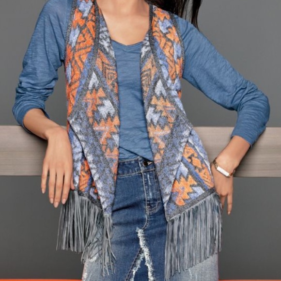 INC International Concepts Tops - INC Flowy Fringe Tribal Open Vest Blue/Orange Top